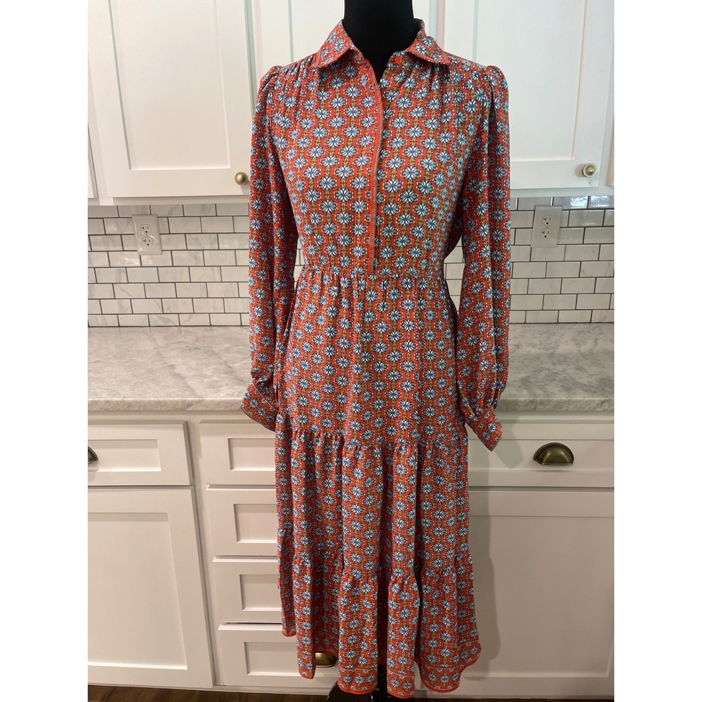 Max Studio Midi Dress Womens Small Orange Blue Floral Tiered Prairie Bohemian - Picture 5 of 12